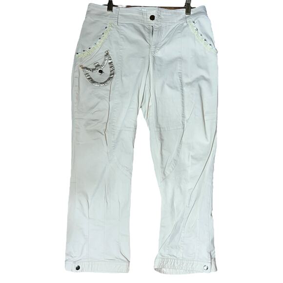 Caché Tan Cargo Pants Size 4 Embellished Satin Trim Stretch Utility Style - Picture 8 of 9